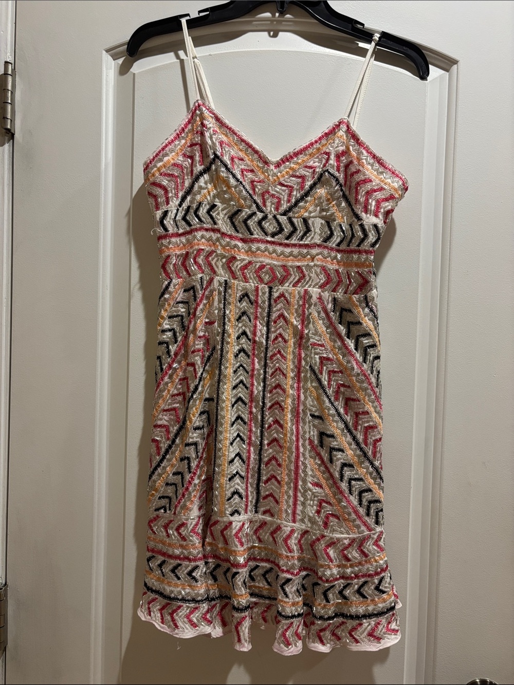 Parker Beaded Chevron Mini Dress in Cream, Pink & Black Spaghetti Straps Small
